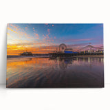 Black and white photo of Santa Monica Pier on stretched canvas, ideal for kitchen wall art or bedroom ambiance.