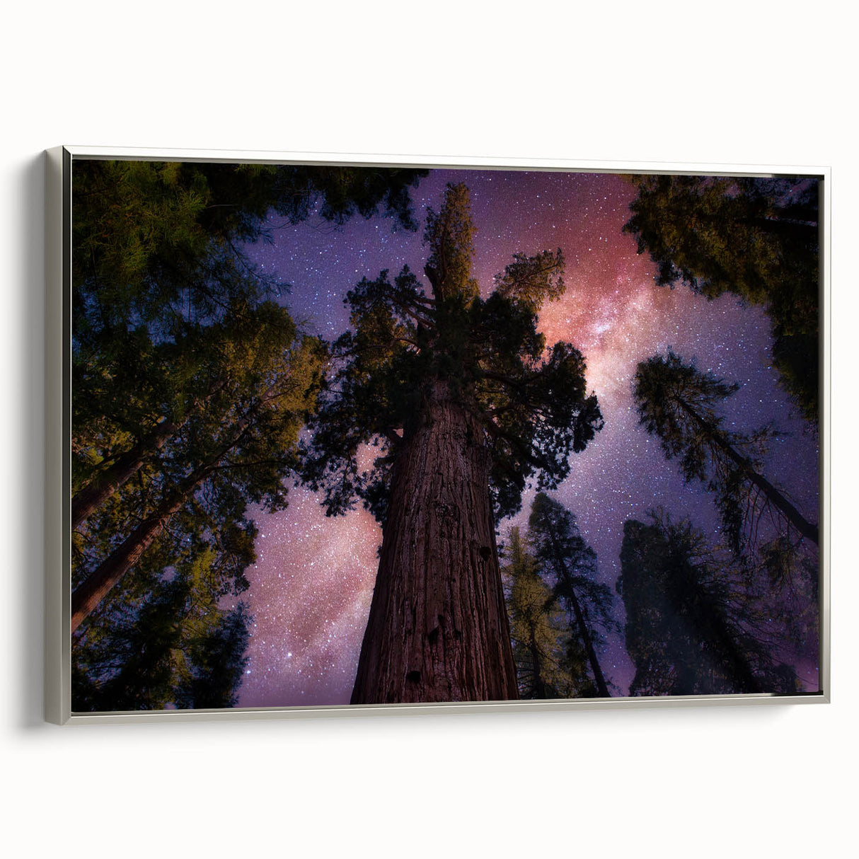 Framed canvas of a vintage-style Sequoia landscape painting with vibrant green and earth tones, ideal for living room decor.