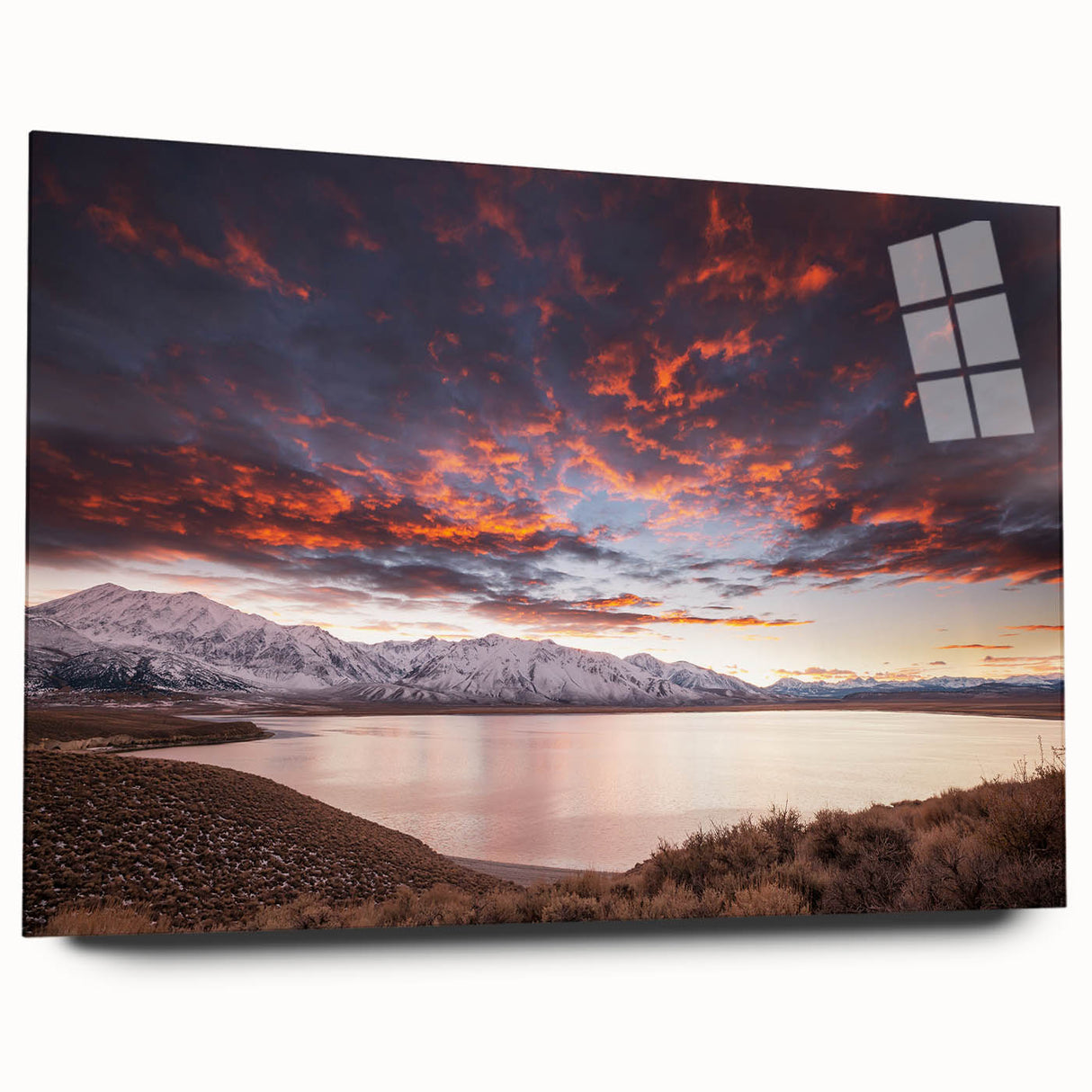Large abstract depiction of the Sierra Nevada on acrylic glass, featuring earthy tones, ideal for bedroom or dining room art.