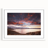 Abstract art print of Sierra Nevada landscape in muted earth tones on a white-framed canvas.