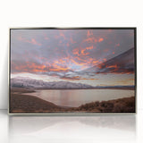 Mid-century modernist art depicting the Sierra Nevada in muted earth tones, framed acrylic, ideal for nursery wall art.