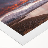 Art deco poster featuring the Sierra Nevada in muted earth tones on rolled canvas, suited for dining room decor.