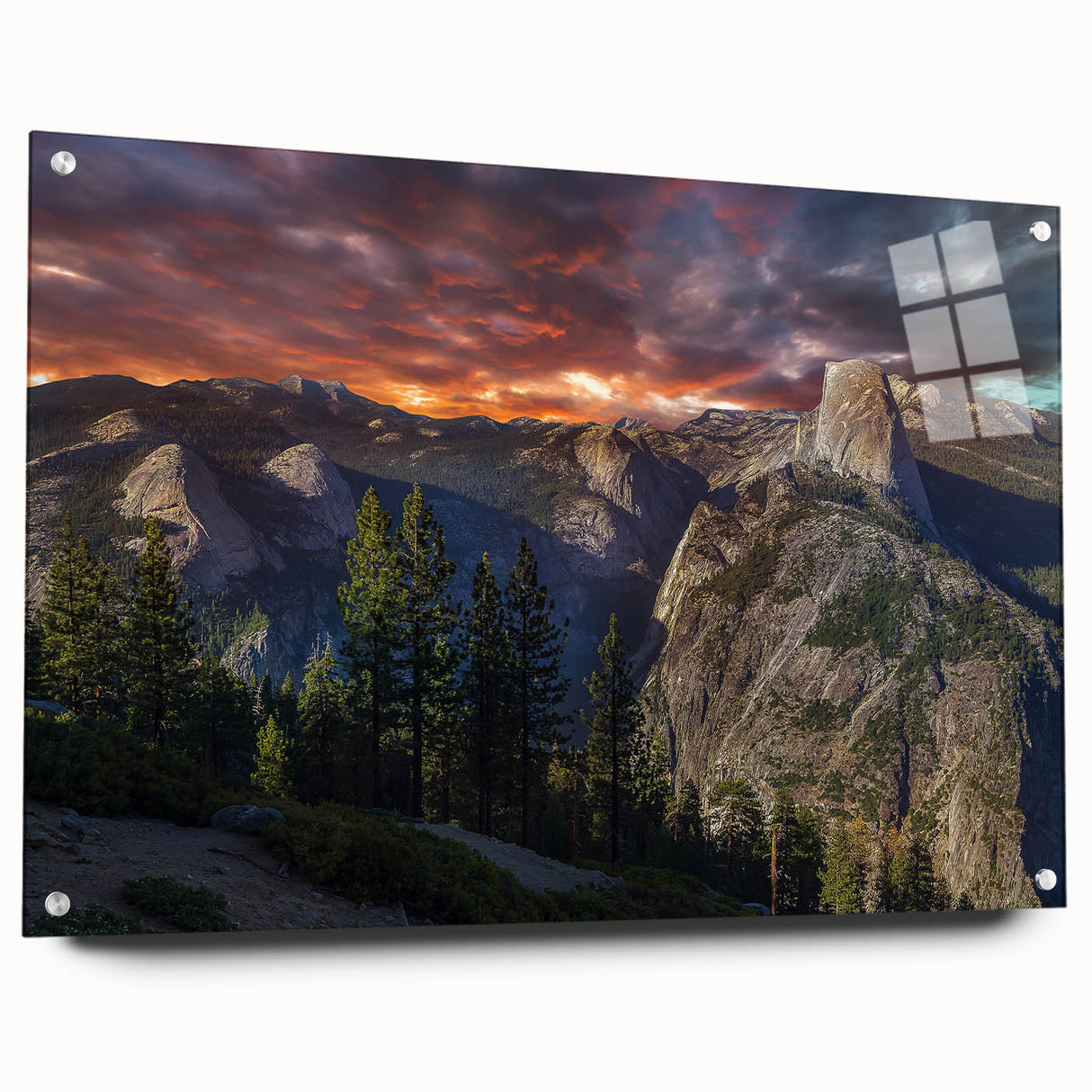 Acrylic print of Yosemite scenery, featuring vibrant green and blue tones, suitable for bedroom or dining room decor.