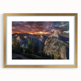 Extra large abstract art print of Yosemite scenery in muted earth tones on a textured canvas, framed in gold.