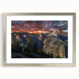 Textured art print of Yosemite scenery in muted earth tones, framed in silver, ideal for bedroom art.