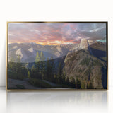 Large acrylic print of Yosemite landscape, in muted earth tones, framed in gold, suited for modern art wall decor.