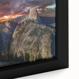 Extra large framed canvas of Yosemite with black textured art and colorful accents, ideal for living room decor.