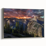 Silver-framed canvas depicting a vintage-style Yosemite landscape in vibrant colors, ideal for enhancing living room decor.
