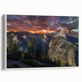Vintage poster art of Yosemite National Park on framed canvas, featuring vibrant colors, ideal for living room decor.