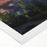 Art deco poster of Yosemite scenery in muted earth tones on rolled canvas, suitable for dining room wall art.