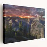 Landscape painting of Yosemite on stretched canvas, featuring muted green and blue tones, suitable for kitchen wall art.
