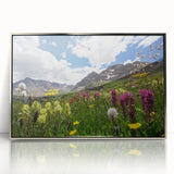 Mid-century modernist art depicting Aspen, Colorado scenery in muted earth tones on a silver-framed acrylic print.