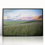 Large abstract wall art depicting a colorful Boulder, Colorado landscape on a black framed acrylic.