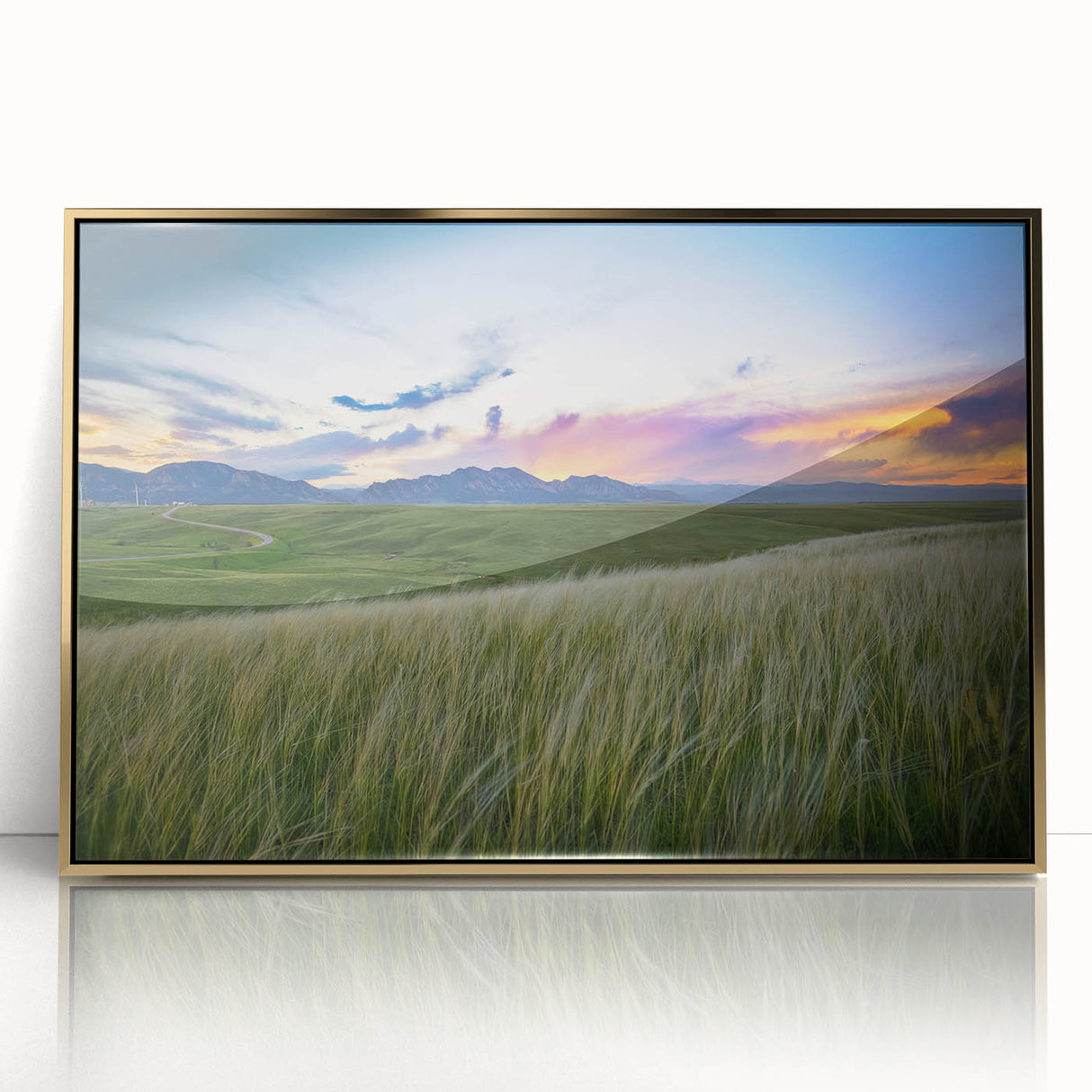 Large art print of Boulder, Colorado scenery in muted earth tones on a gold-framed acrylic, ideal for modern art wall decor.