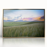 Large art print of Boulder, Colorado scenery in muted earth tones on a gold-framed acrylic, ideal for modern art wall decor.