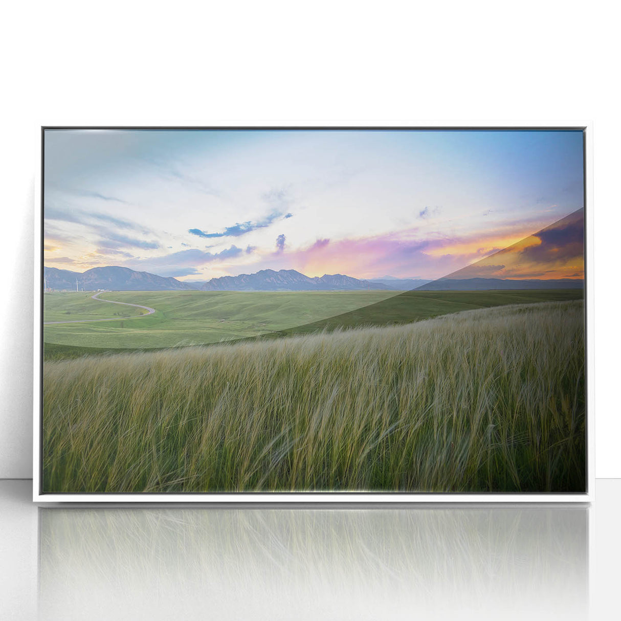 Acrylic print of Boulder, Colorado scenery in muted earth tones, framed in white, suitable for modern nursery wall decor.