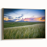 Framed canvas of a vintage-style landscape painting featuring the Boulder, Colorado scenery in muted gold and black tones.