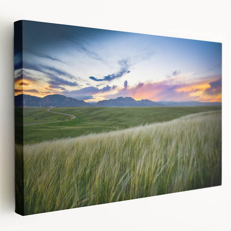 Large stretched canvas depicting a vibrant sunset over Boulder, Colorado, ideal for kitchen wall art.