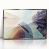 Mid-century modernist Denver skyline in muted colors on silver-framed acrylic, ideal for nursery wall art.