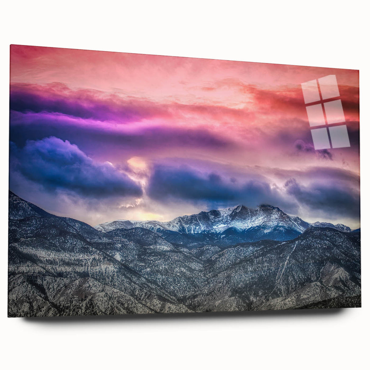 Acrylic print of Pikes Peak, Colorado, in large abstract style with vibrant blue and green tones.