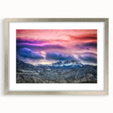 Textured art depicting Pikes Peak in abstract style with muted earth tones on a framed silver mat, ideal for bedroom art.