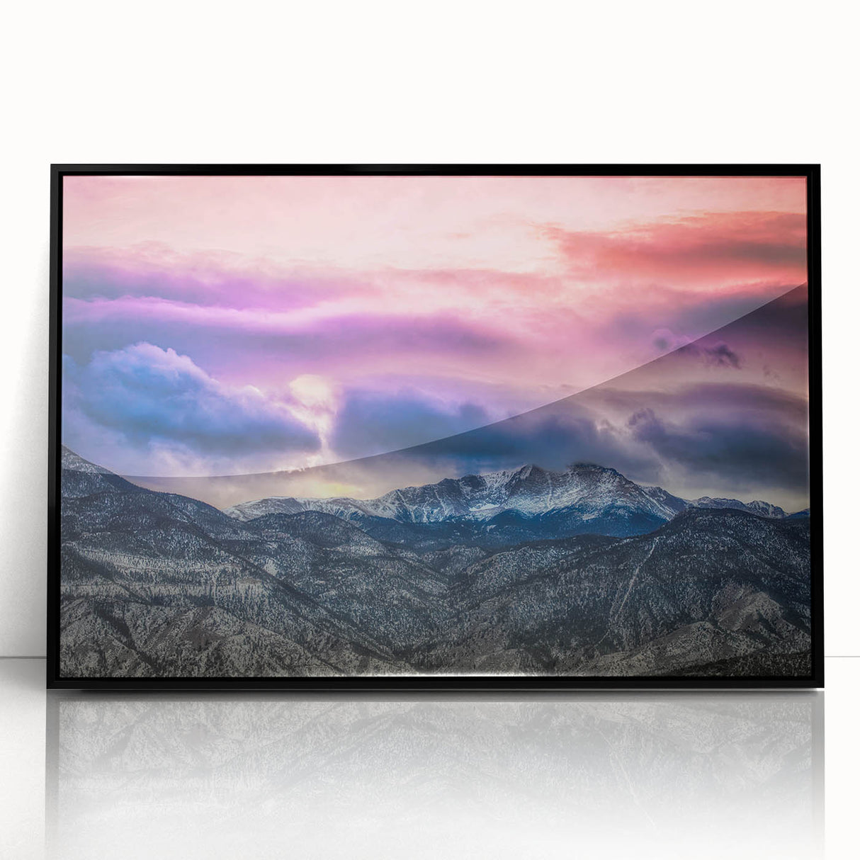 Large abstract wall art depicting Pikes Peak in muted earth tones, framed in black acrylic.