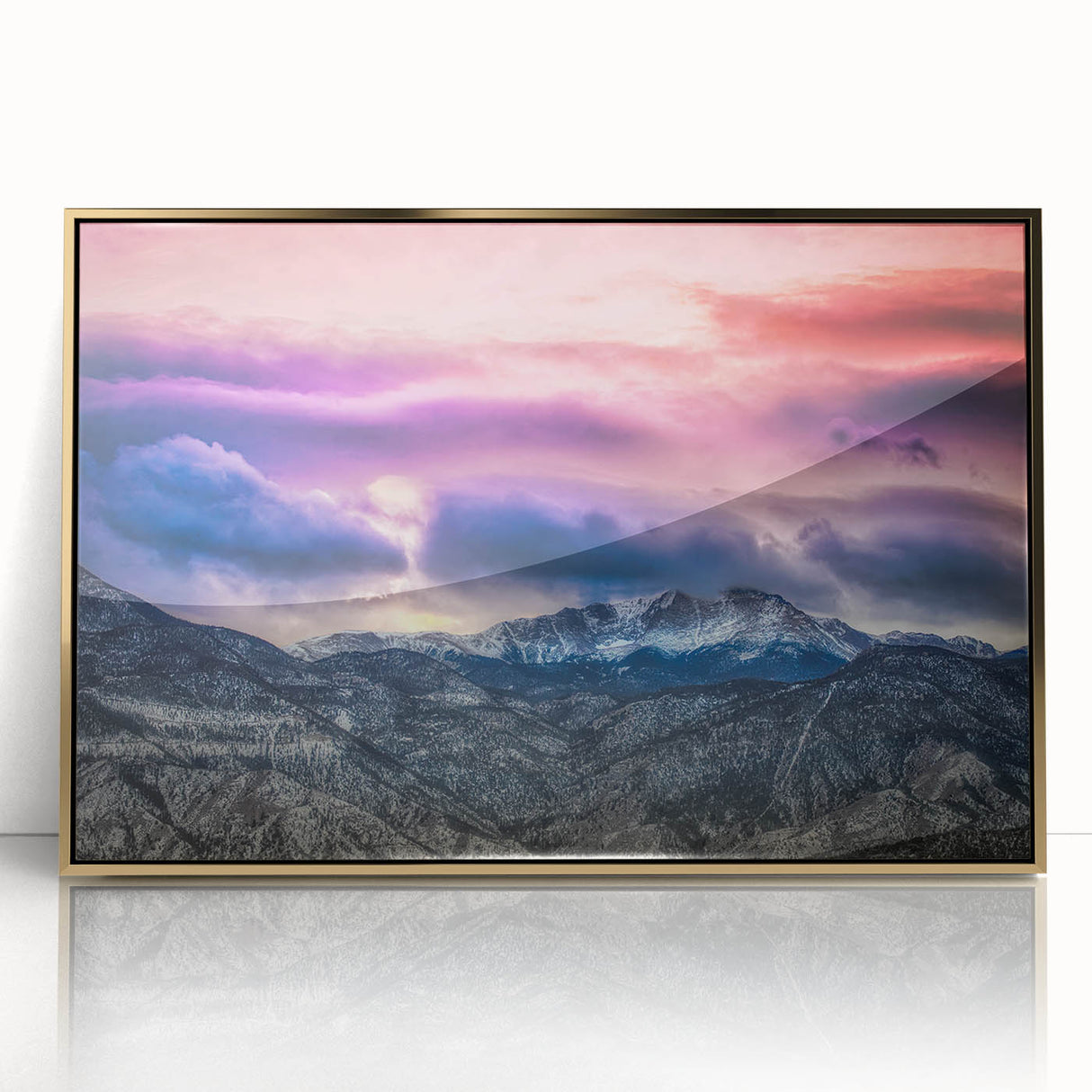 Framed acrylic print of Pikes Peak in Colorado, featuring mid-century modernist style with muted earth tones.