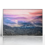 Art Deco poster of Pikes Peak, Colorado in muted blue and green tones, acrylic print framed in white.