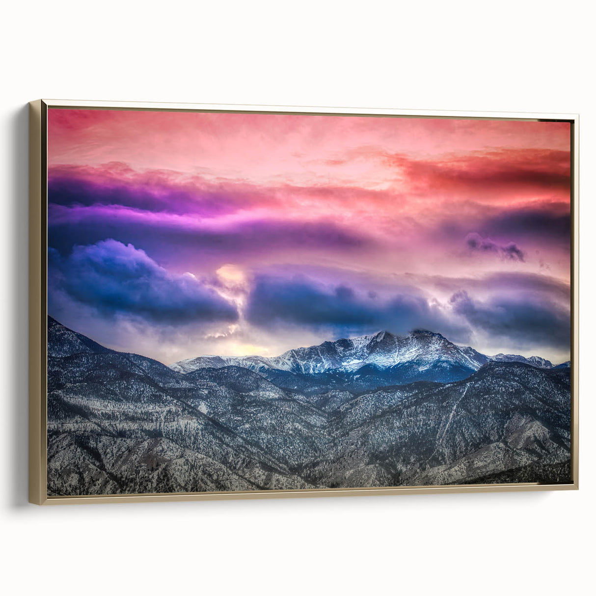 Framed canvas depicting Pikes Peak in Colorado, with muted earth tones and vintage poster style.