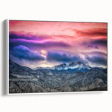 Vintage poster art of Pikes Peak in colorful tones on a large framed canvas, suitable for living room decor.