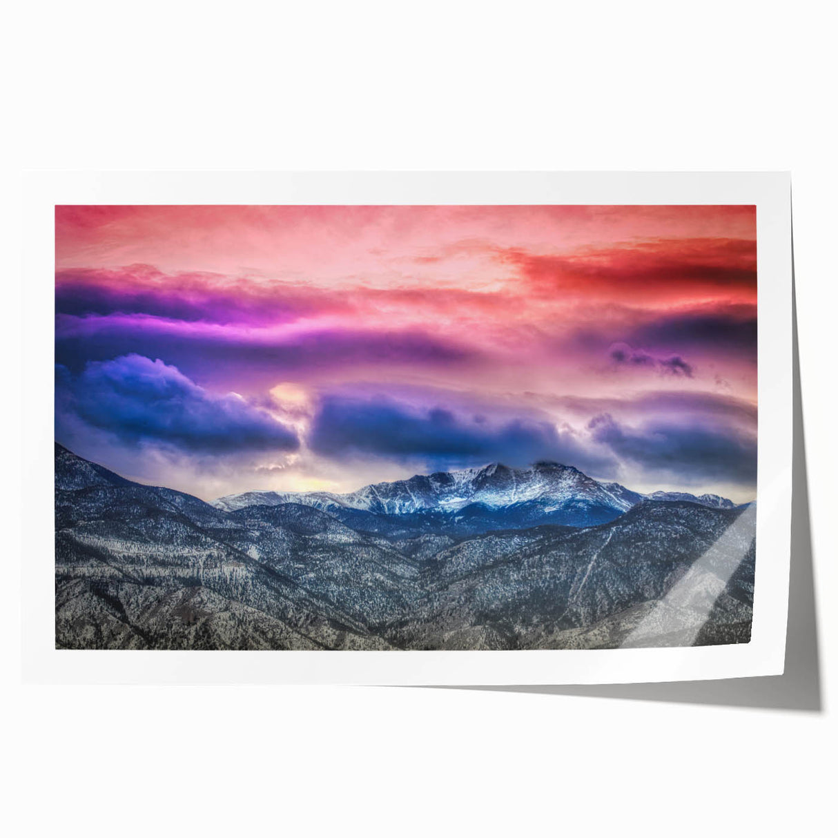 Rolled print of Pikes Peak with vibrant green and blue landscape, ideal for art wall dining room.