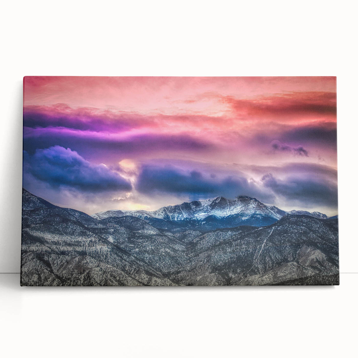 Black and white stretched canvas depicting Pikes Peak, ideal for kitchen wall art or bedroom ambiance.