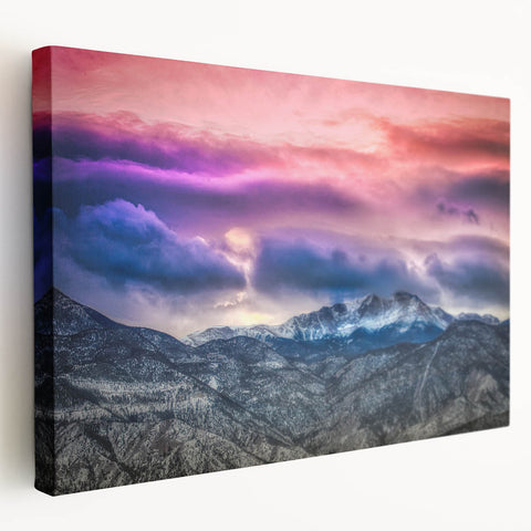 Large canvas wall art depicting Pikes Peak in Colorado with a palette of earthy greens and blues, suitable for kitchen decor.