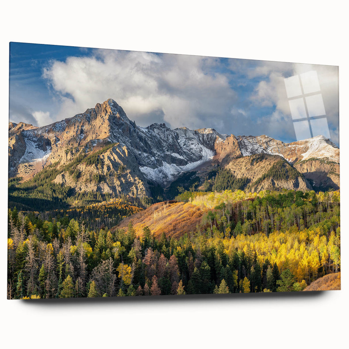 Acrylic print of the Rocky Mountains in muted earth tones, ideal for bedroom or dining room decor.