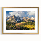 Extra large textured art print of abstract Rocky Mountains in muted earth tones, framed in gold, ideal for living room decor.