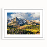 Abstract art print of the Colorado Rocky Mountains in muted earth tones, framed with a white mat.
