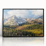 Large abstract wall art of Colorado Rocky Mountains in earth tones on a black framed acrylic.