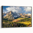 Black and white framed canvas of Rocky Mountains landscape, ideal for bedroom wall art.