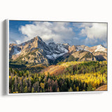 Vintage poster art of Colorado Rocky Mountains in vibrant colors on framed canvas, suitable for living room decor.