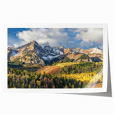 Rolled print of the Colorado Rocky Mountains in earthy tones, suitable as art wall for dining room.