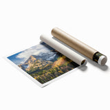 Rolled print of the Rocky Mountains in muted earth tones, ideal for large living room wall art.