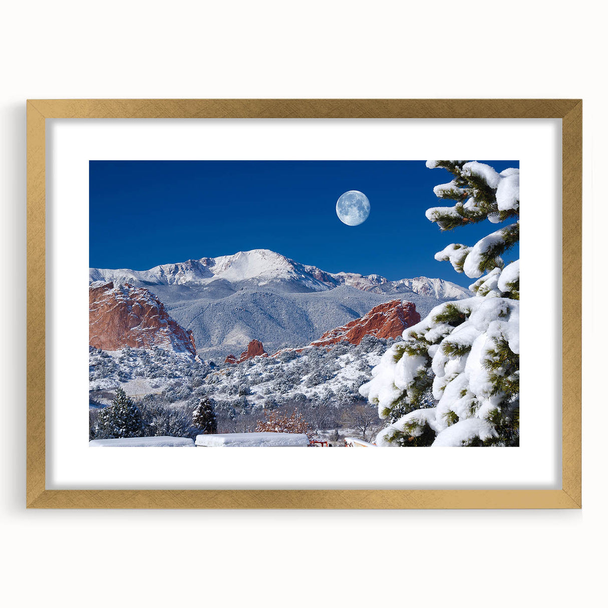 Extra large textured abstract art print of Colorado Springs in muted earth tones, framed in gold.