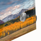 Large abstract depiction of Telluride, Colorado in muted earth tones on acrylic glass, suitable for dining room art.
