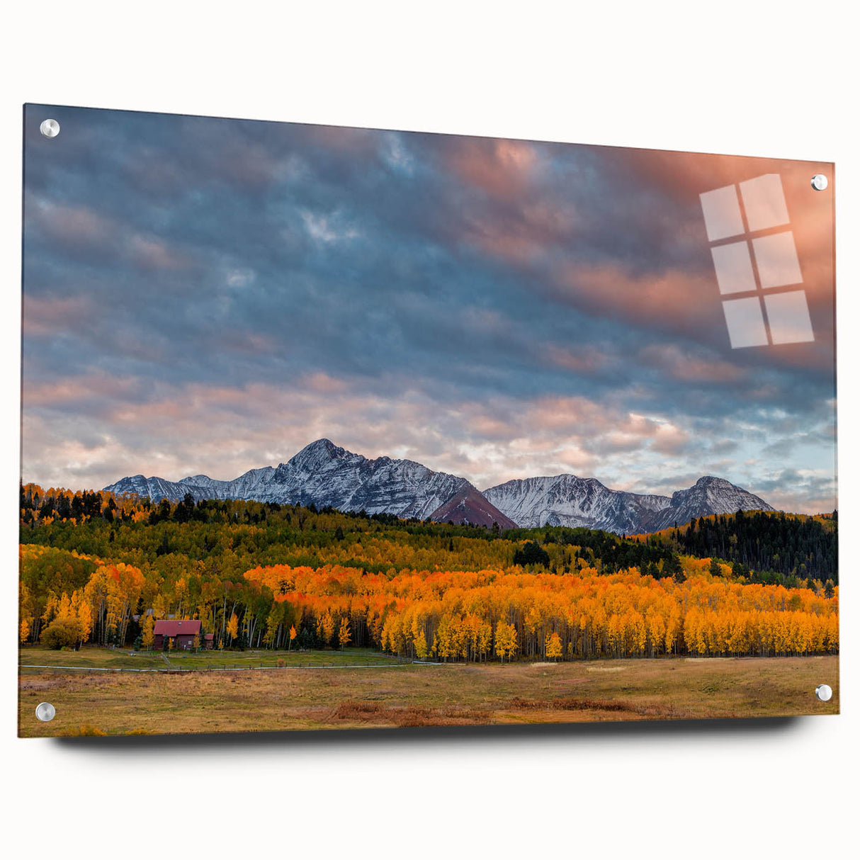Acrylic print of Telluride, Colorado scenery in vibrant green and blue tones, ideal for dining room decor.