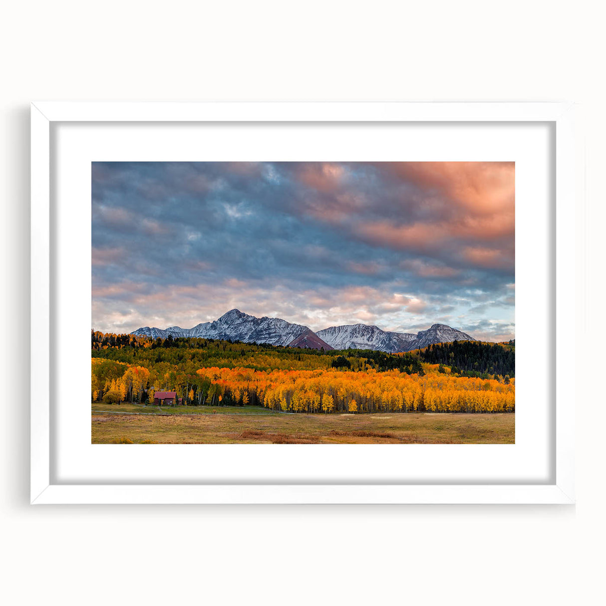 Abstract art print of Telluride, Colorado, featuring muted earth tones on a white framed canvas.