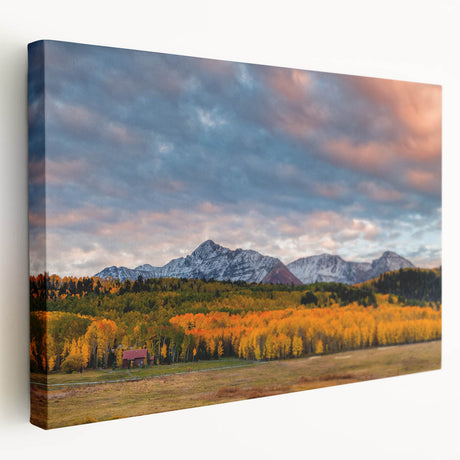 Large art print of Telluride, Colorado scenery on stretched canvas with vivid blue and green tones.