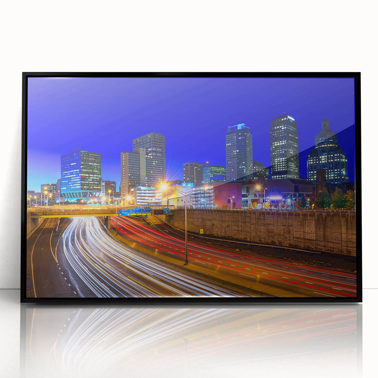 Large abstract wall art depicting a stylized Connecticut landscape in muted earth tones, framed in black acrylic.
