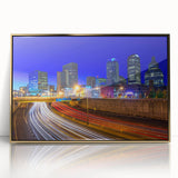 Mid-century modernist art depicting the Connecticut landscape on a large framed acrylic print with gold tones.