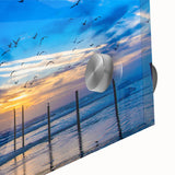 Acrylic print of a large abstract wall art in blue and gray tones.