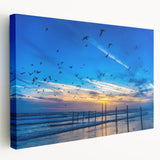 Daytona beach scene on a large stretched canvas with soft blue and sandy hues, suitable for kitchen wall art.